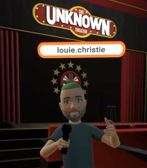 Computer generated 3D image of a cartoonish character With green hair and a grey beard holding a microphone. Above his head says 'louie.christie'  and behind him is a stage with red theatre seats and curtains and a banner 'The Unknown Theater'